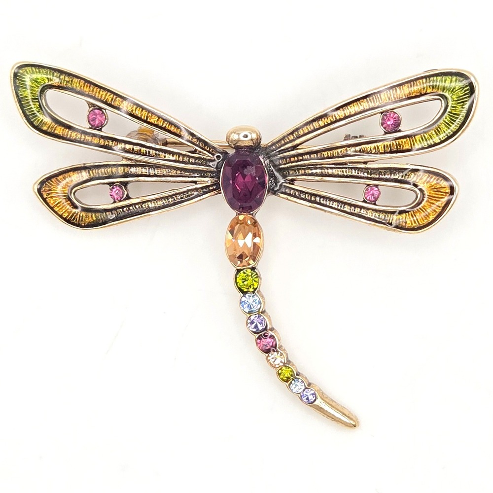 Vintage Monet Gold Tone Enamel Multi Color Crystal Dragonfly Brooch Pin